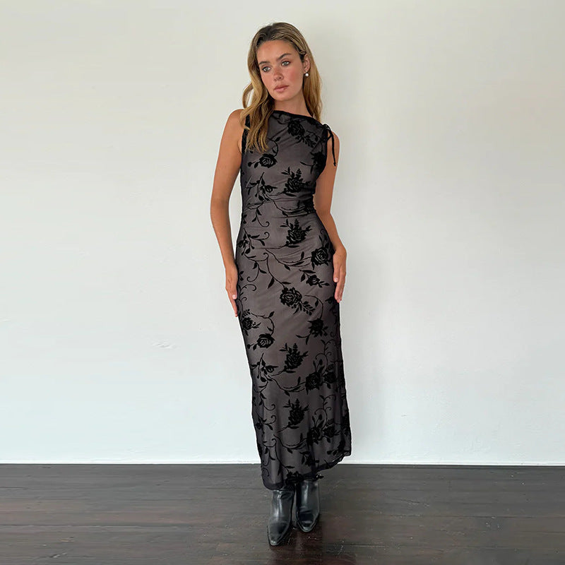 Robe Maxi Élégante pour Femmes avec Motif en Dentelle Florale et Design Sans Manches Levoire