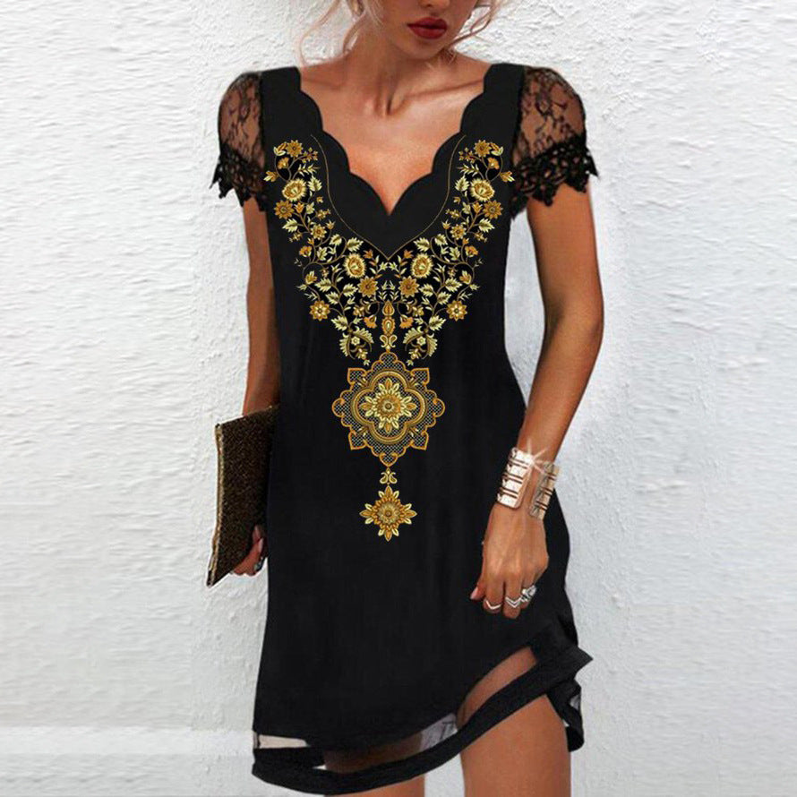 Levoire | Élégant robe midi en dentelle imprimée sans manches 3-Fleur Jaune