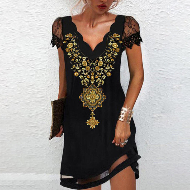 Levoire | Élégant robe midi en dentelle imprimée sans manches 3-Fleur Jaune