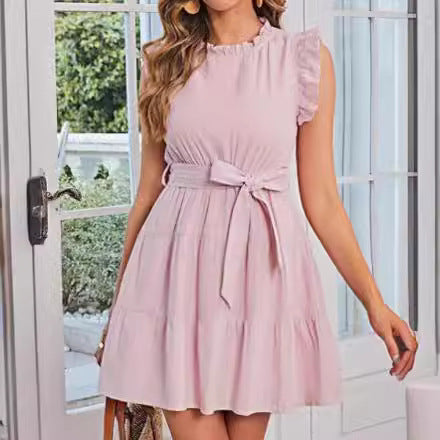 Robe à manches mi-longues pour femmes avec détails en volants et nœud à la taille Levoire