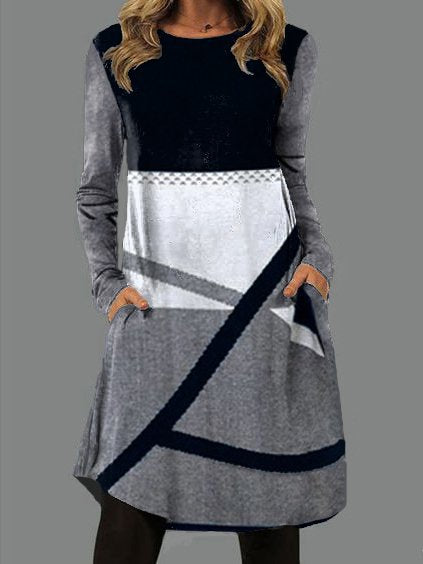 Levoire | Trendik Imprimé Col Ronde Longue Manche Tissu Poche Robe noir