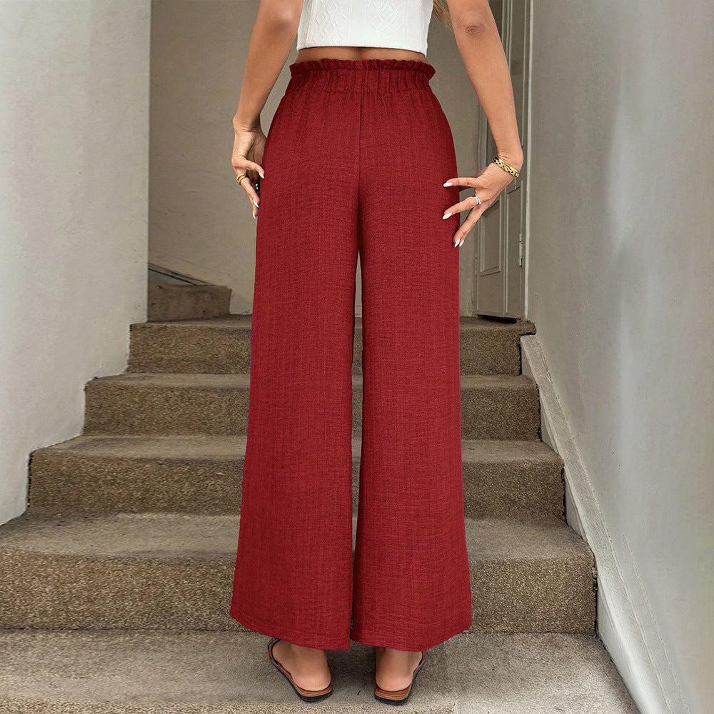 Pantalons en tissu large décontractés pour femmes avec taille élastique et ceinture à nouer Levoire