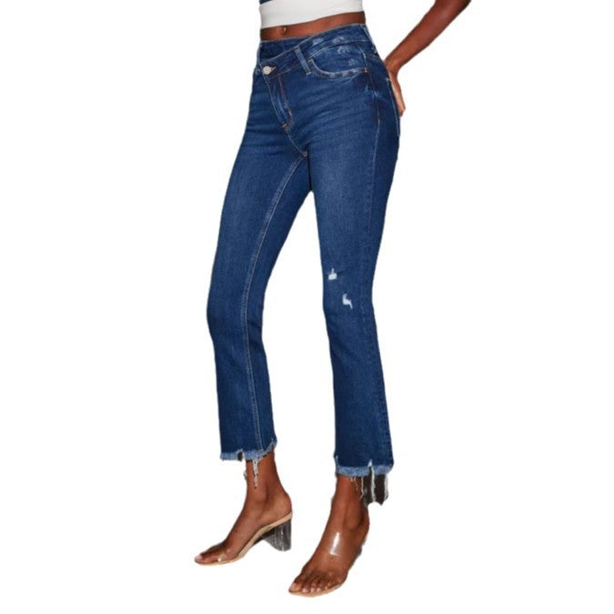 Jeans évasés pour femmes avec ourlet effiloché et effet déchiré à la mode Levoire