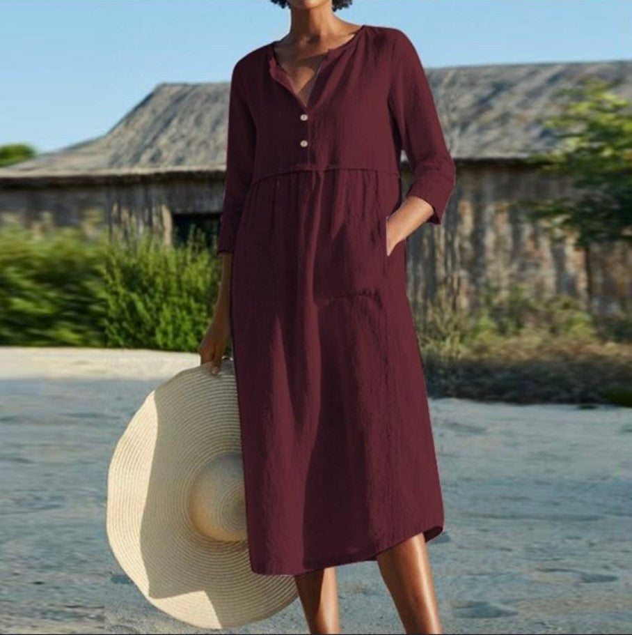 Levoire | Robe à sac Coton-lin À manches mi-longues Robe Rouge vin