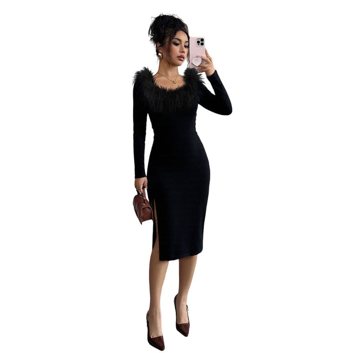 Robe midi pour femme avec décoration en plumes élégante et fente sur le côté Levoire
