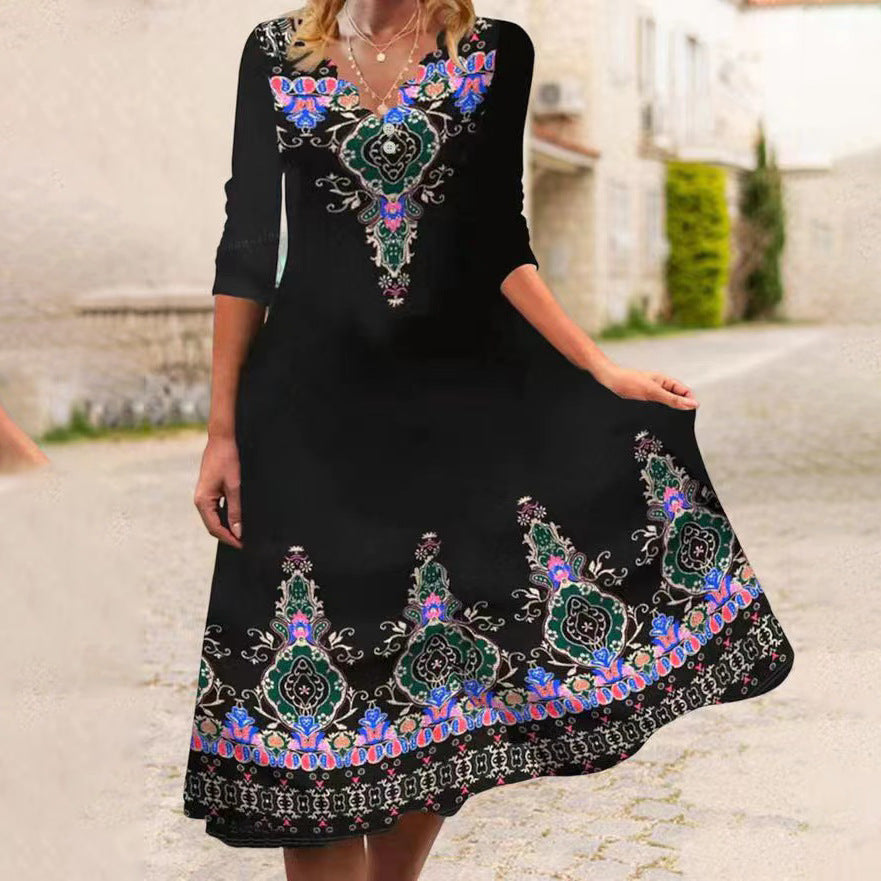 Levoire | Élégante robe mi-longue à manches avec imprimé printanier