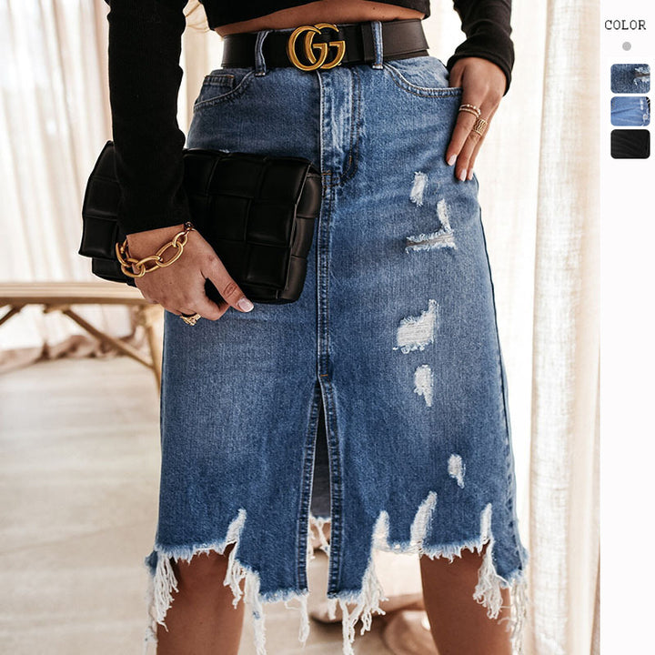 Jupe en denim décontractée pour femme avec ourlet asymétrique et détails déchirés Levoire