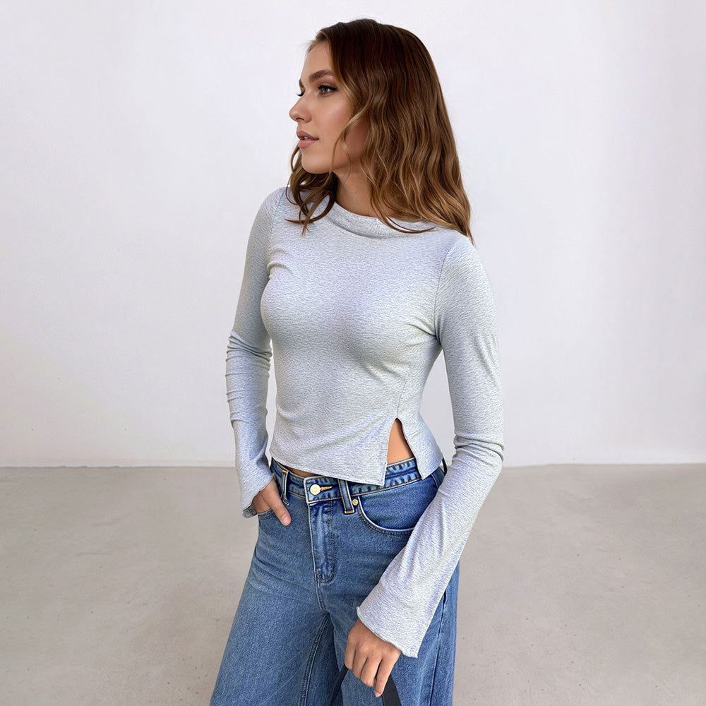 Chemise à manches longues cropped pour femmes avec fente latérale et design élégant Levoire