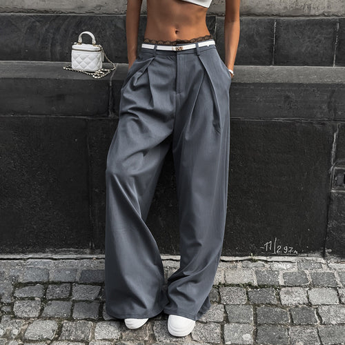 Pantalons larges élégants pour femmes avec taille haute et ceinture en dentelle décorative Levoire
