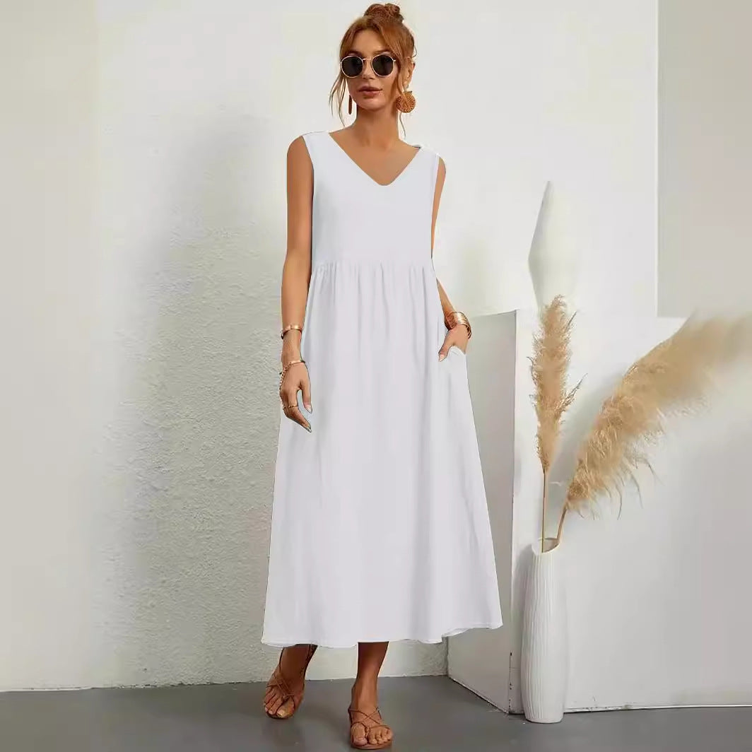 Levoire | Élégant été unicolore sans manches à poches robe V neck