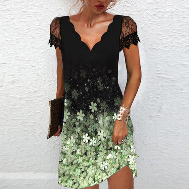 Levoire | Trendik Print Aaltov V-cou Petit Manche Courte Robe Vert