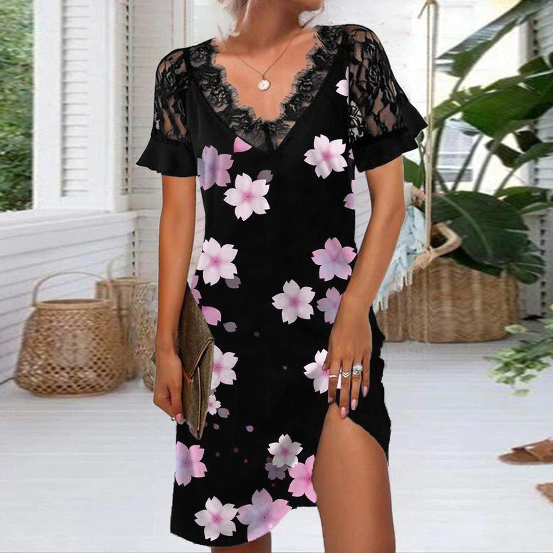 Levoire | Robe imprimée à encolure en V avec des détails en dentelle élégants 4