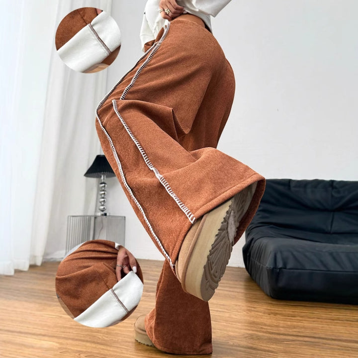 Pantalons décontractés à coupe large pour femmes en velours doux avec une taille élastique et un cordon décoratif Levoire