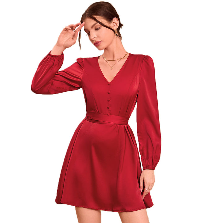 Robe midi élégante pour femmes avec décolleté en V et manches bouffantes Levoire