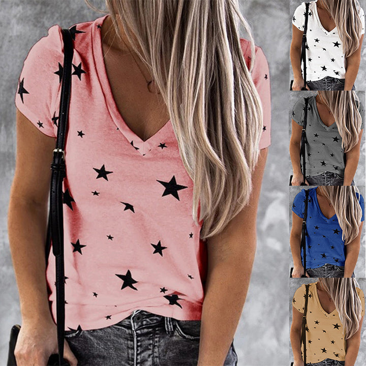 T-shirt femme à col en V avec motif étoile et coupe décontractée Levoire