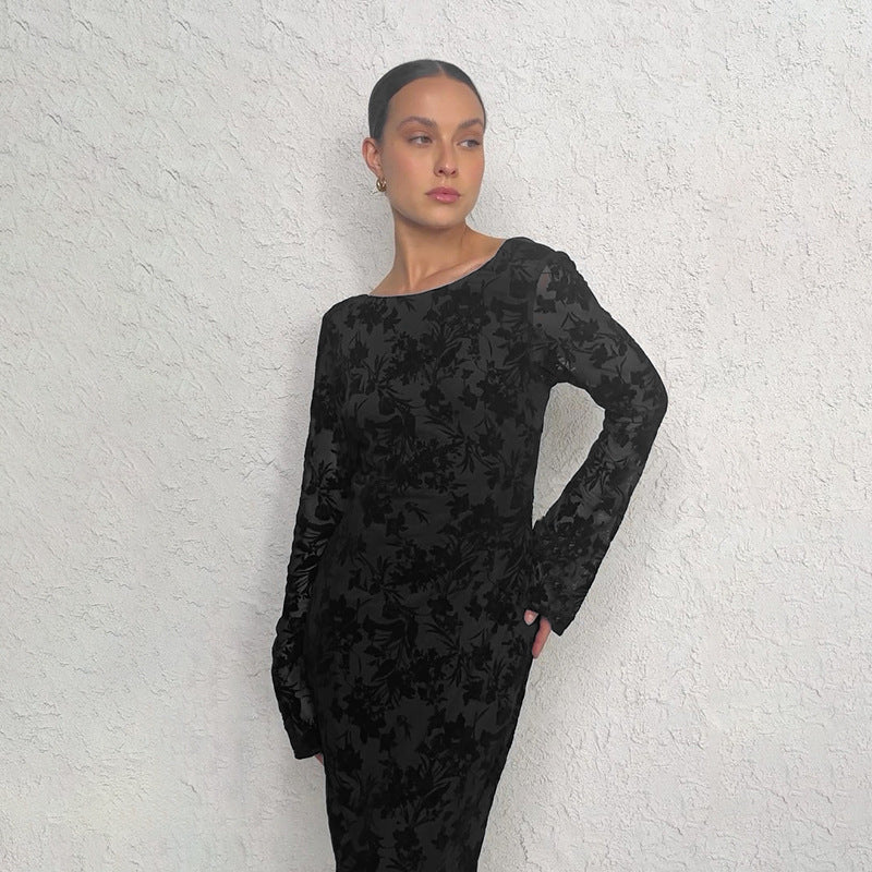 Robe Maxi Élégante pour Femmes avec Design Texturé Floral et Manches Longues Levoire