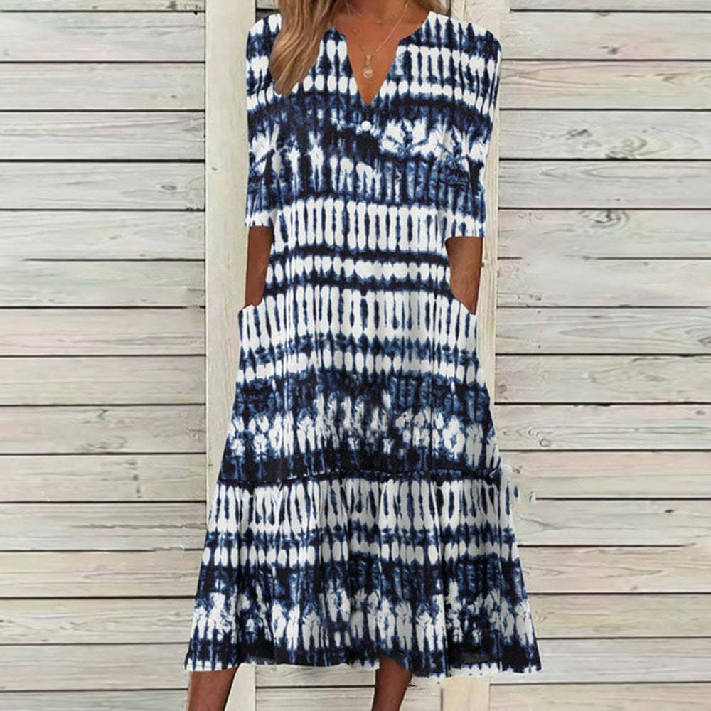 Levoire | Élégant Robe Mi-Longue Boutonnée Imprimée Rayures bleues