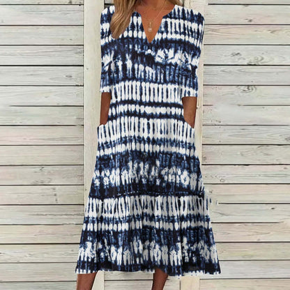 Levoire | Élégant Robe Mi-Longue Boutonnée Imprimée Rayures bleues