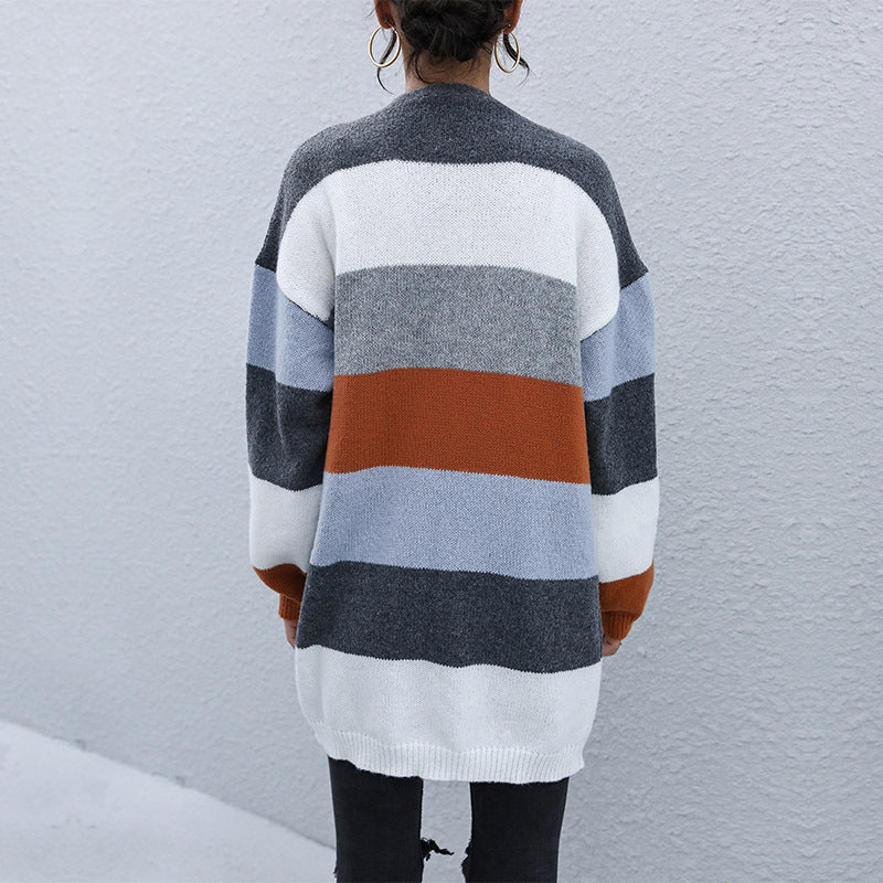 Cardigan en tricot ouvert pour femme avec rayures en blocs de couleur et matériau doux Levoire