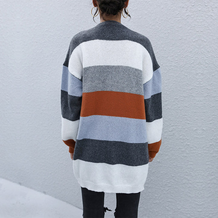 Cardigan en tricot ouvert pour femme avec rayures en blocs de couleur et matériau doux Levoire