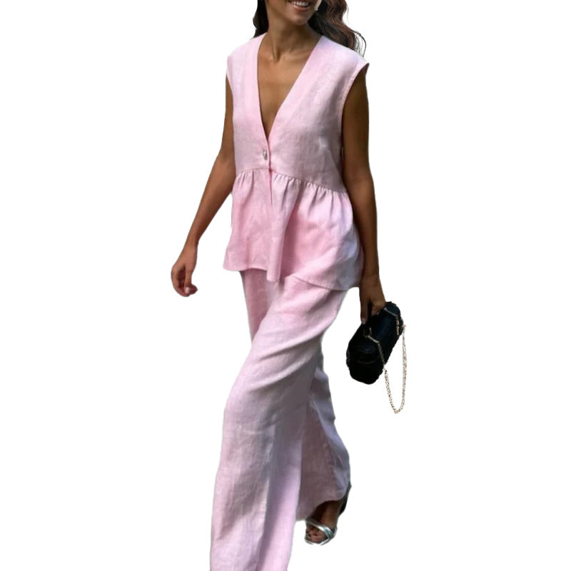 Ensemble pour femme en lin léger avec un décolleté en V profond et des jambes larges Levoire
