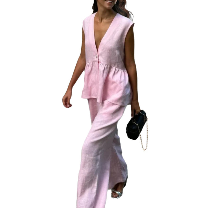 Ensemble pour femme en lin léger avec un décolleté en V profond et des jambes larges Levoire