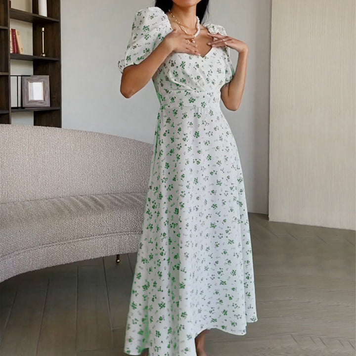 Robe Maxi Élégante pour Femmes avec Manches Bouffantes et Motif Floral Levoire