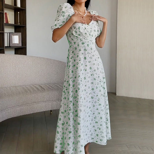 Robe Maxi Élégante pour Femmes avec Manches Bouffantes et Motif Floral Levoire