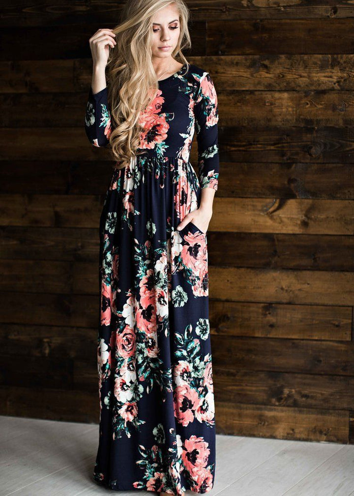 Levoire | Robe à fleurs Robe longue Robe à fleurs Jupe large Robe Bleu À manches longues