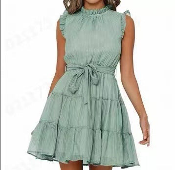 Robe à manches mi-longues pour femmes avec détails en volants et nœud à la taille Levoire