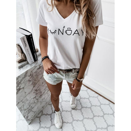 T-shirt pour femme avec lettrage créatif et col en V décontracté Levoire