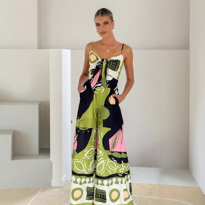 Jumpsuit Élégant Femme avec Motif Tie-Dye Ludique et Ceinture à Nouer sur le Côté Levoire