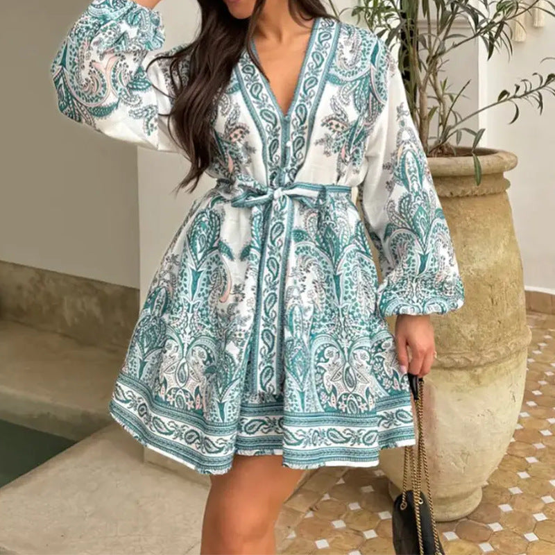 Robe enveloppante à manches longues et ceinture de taille en motif paisley vert émeraude pour femmes Levoire