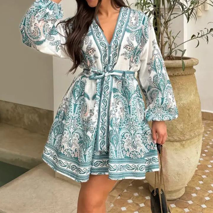 Robe enveloppante à manches longues et ceinture de taille en motif paisley vert émeraude pour femmes Levoire