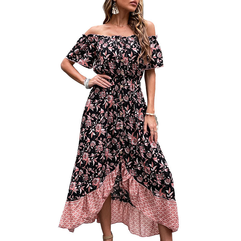 Robe maxi femme à épaules dénudées avec motif floral et fente haute Levoire