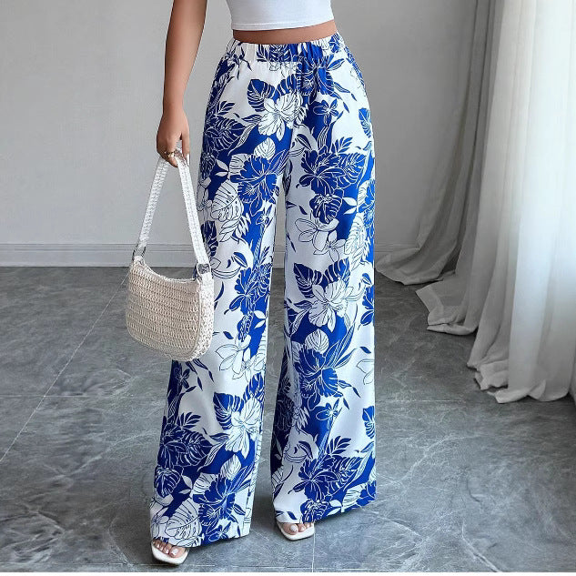 Pantalons palazzo taille haute pour femmes avec motif floral et poches latérales Levoire