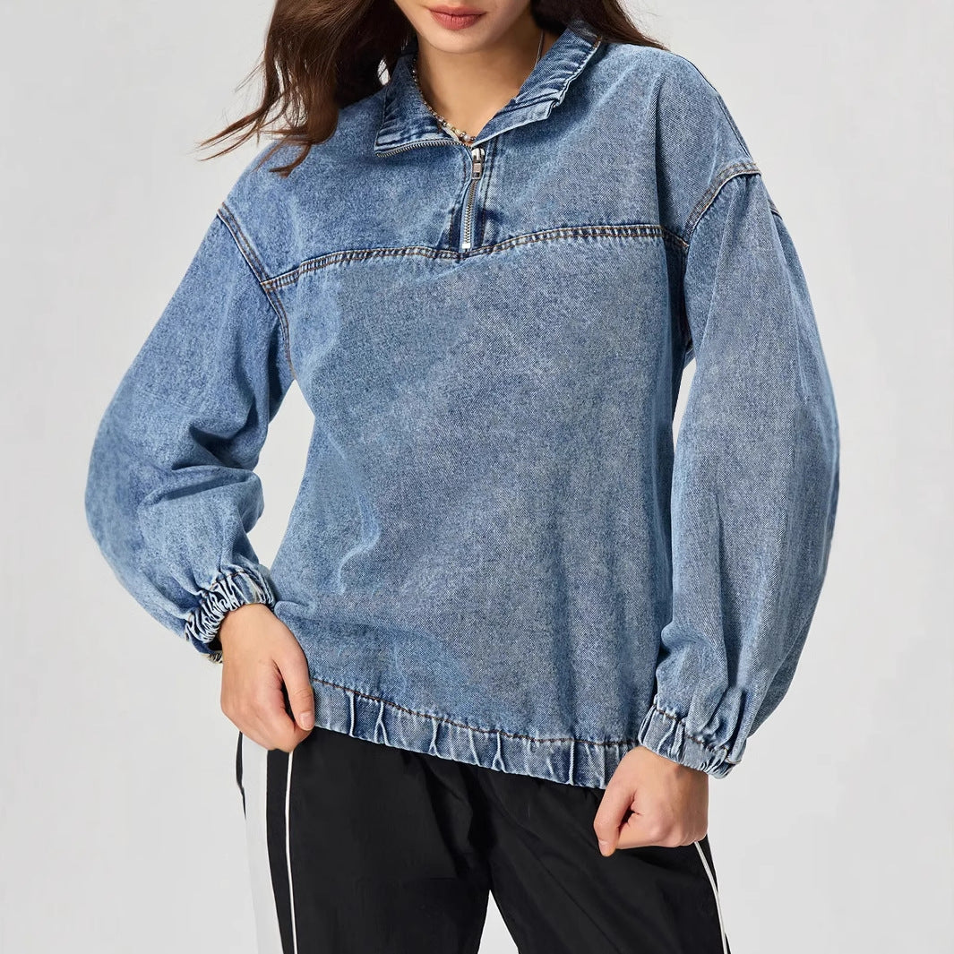 Pull en denim pour femmes, ample, avec col montant et fermeture éclair Levoire