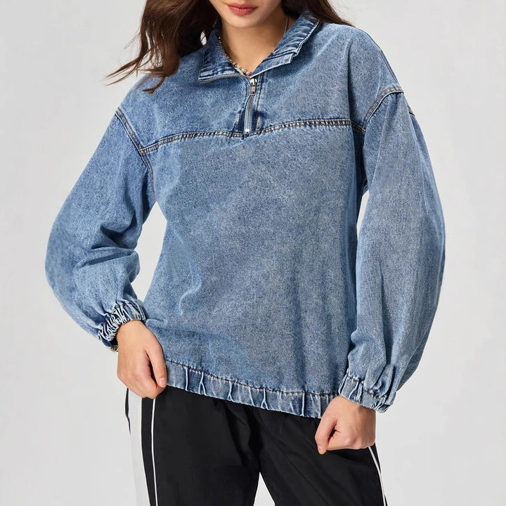 Pull en denim pour femmes, ample, avec col montant et fermeture éclair Levoire