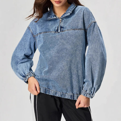 Pull en denim pour femmes, ample, avec col montant et fermeture éclair Levoire