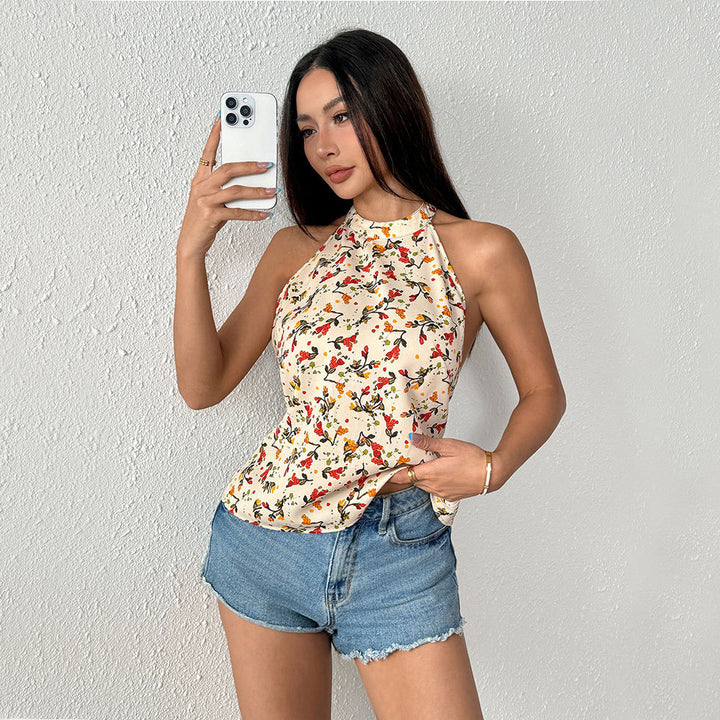 Haut de maillot de bain à dos nu pour femmes avec design floral et ourlet évasé Levoire
