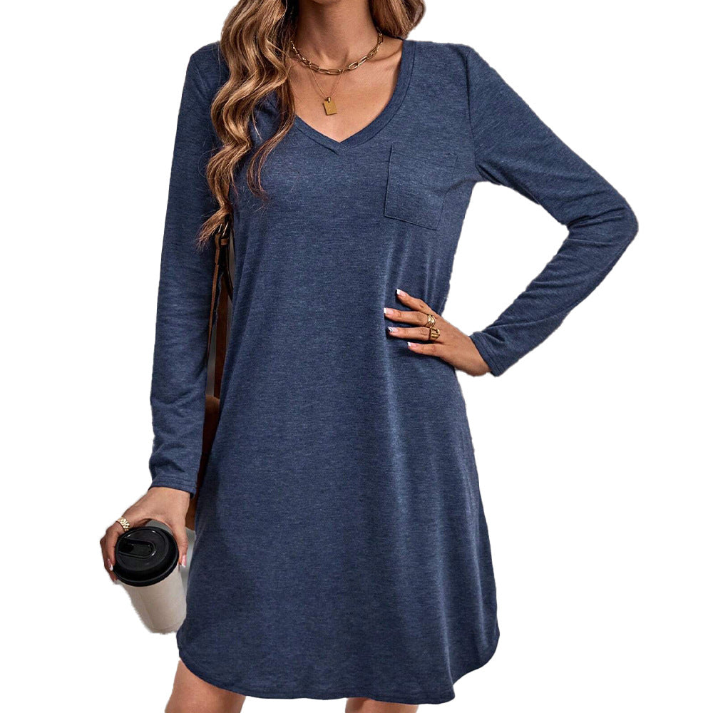 Robe décontractée pour femmes à col en V avec manches longues et poches Levoire