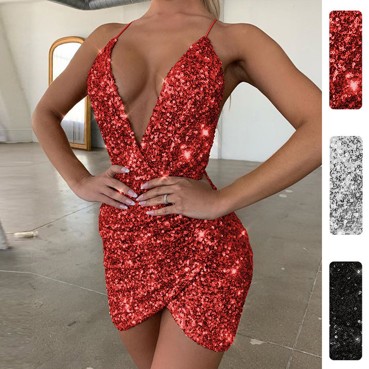 Robe de soirée pour femmes avec décolleté en V profond et garniture de sequins glamour Levoire