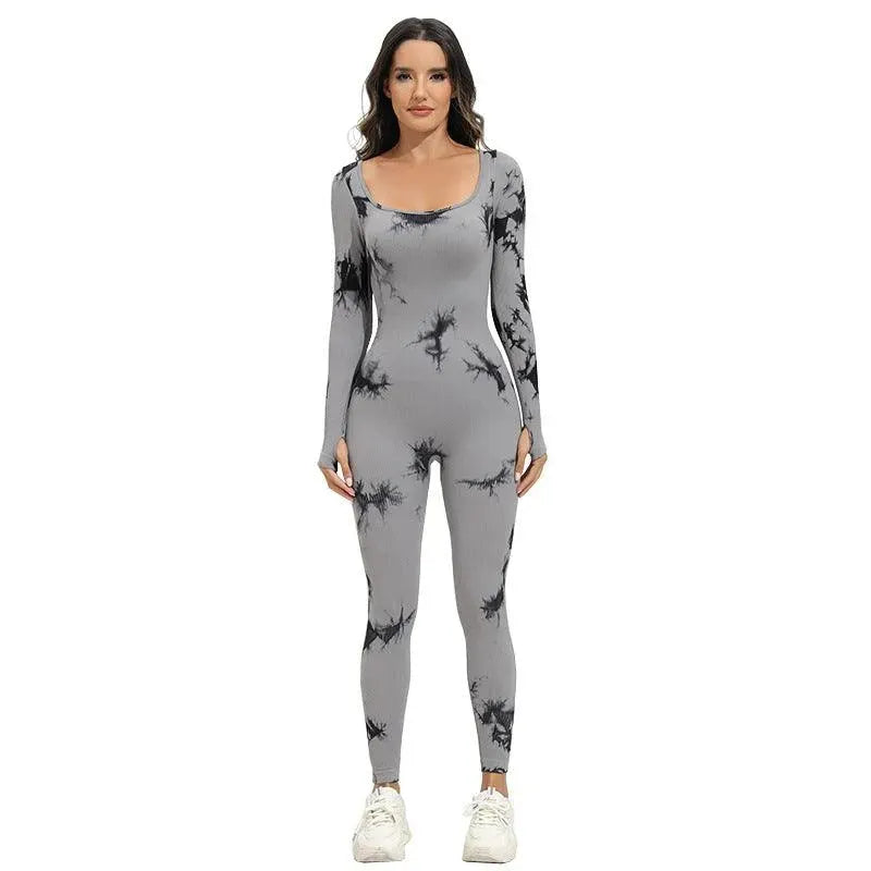 Levoire | Pantalons de yoga de sport sans couture avec des manches longues et un encolure carrée en design batik Noir et Gris