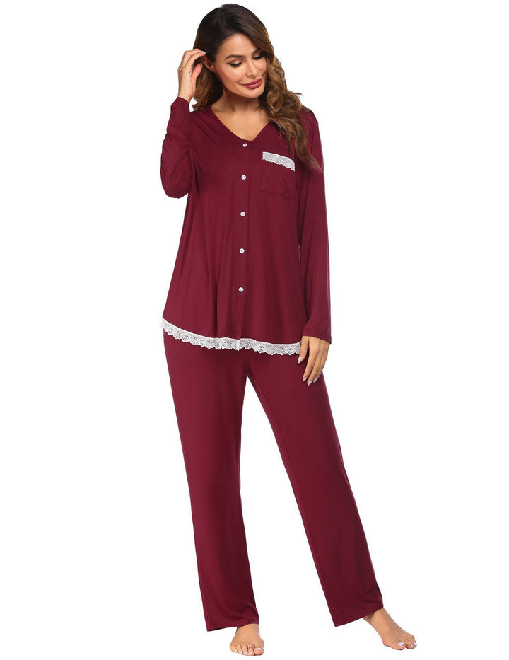 Levoire | dentelle-nuisette Manches longues Pantalons longs Ensemble maison Rouge vin