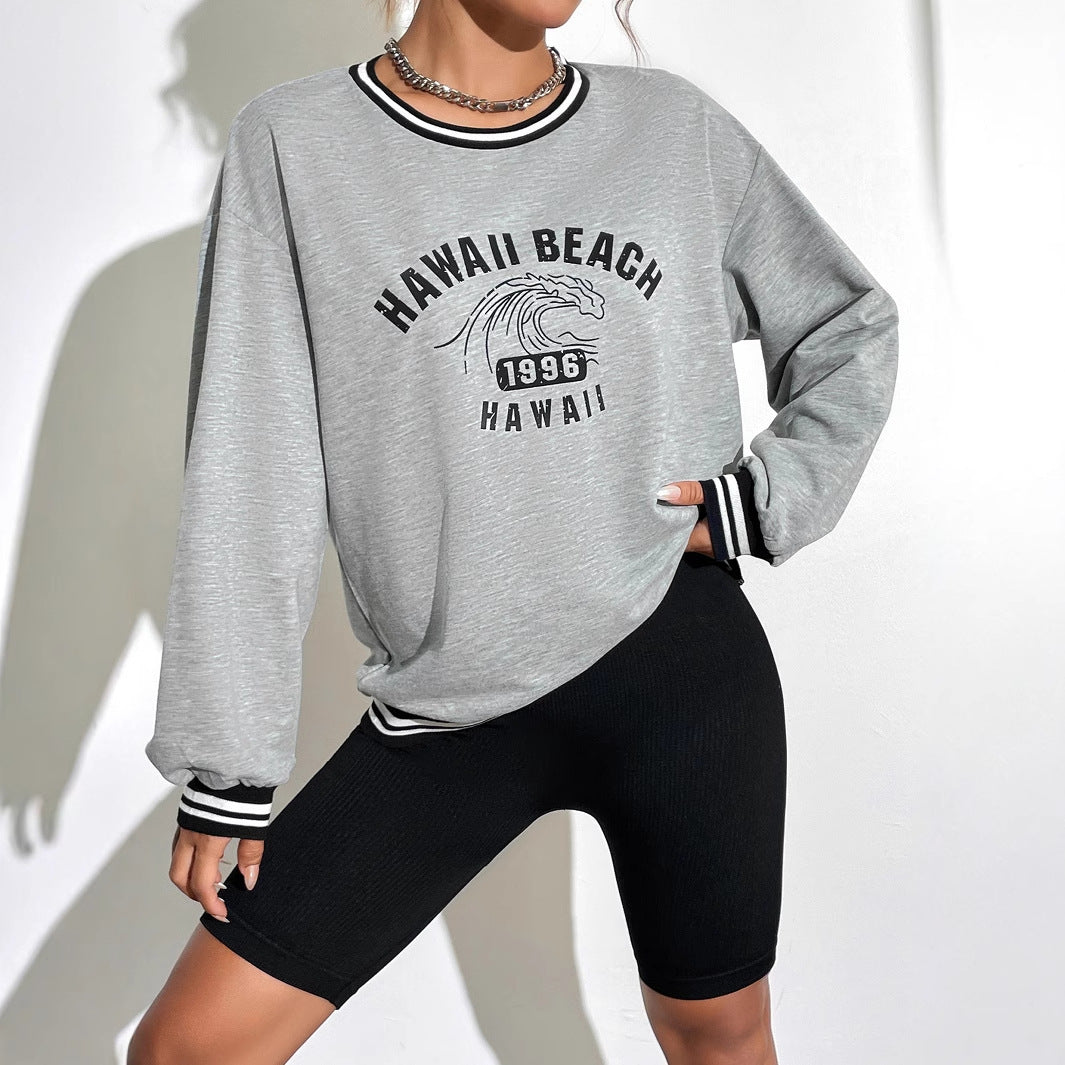 Sweatshirt décontracté pour femmes avec motif imprimé Hawaii et épaules tombantes Levoire