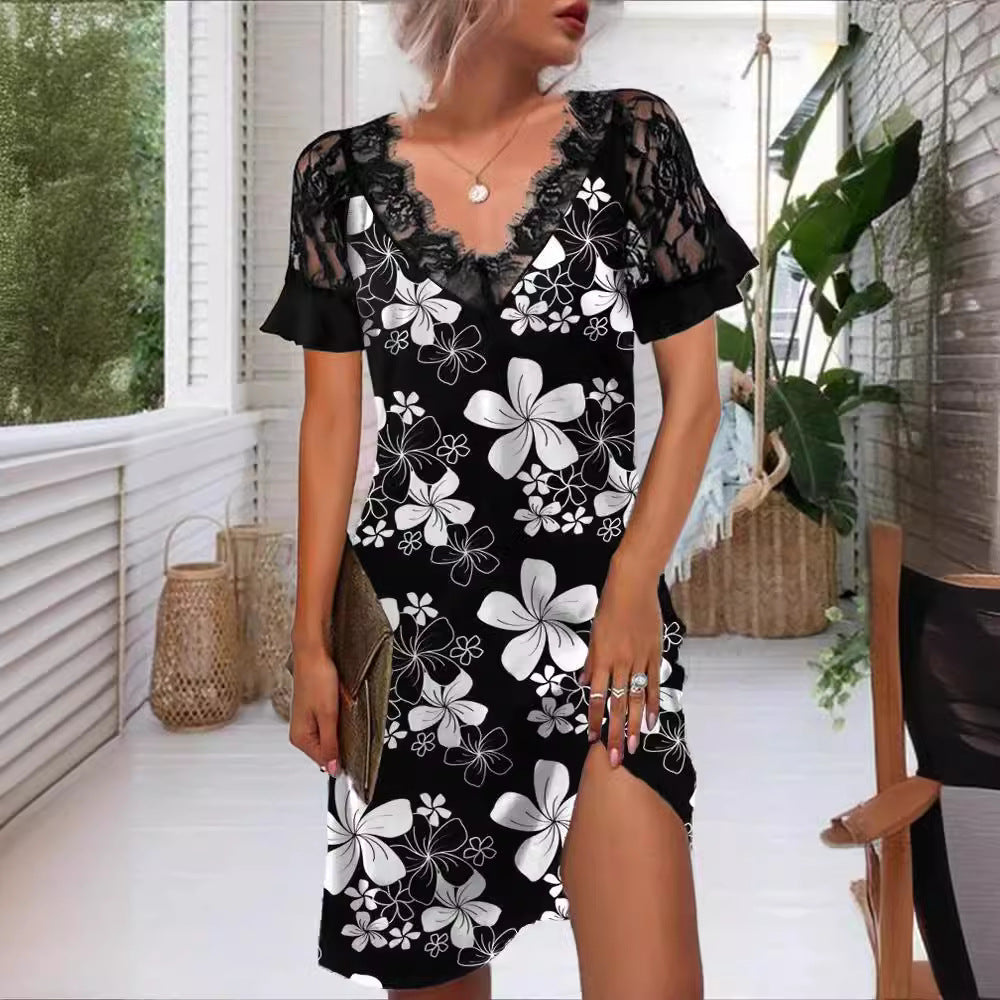 Levoire | Robe imprimée à encolure en V avec des détails en dentelle élégants