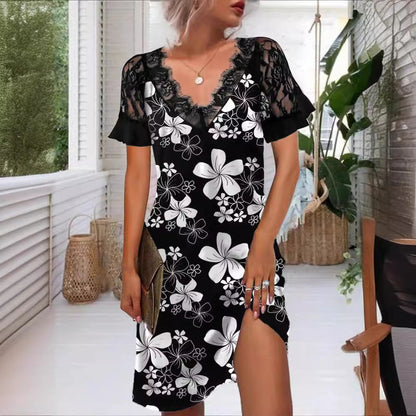 Levoire | Robe imprimée à encolure en V avec des détails en dentelle élégants