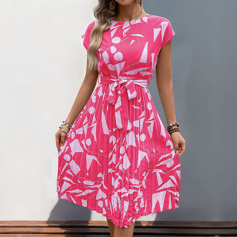 Robe maxi plissée pour femmes avec motif artistique et ceinture à nouer ajustable Levoire
