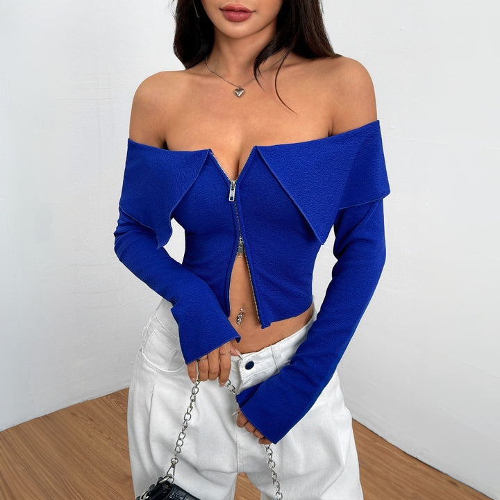 Top femme court avec fermeture éclair asymétrique et design décolleté épaule.