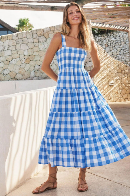 Levoir | Robe longue imprimée sans manches relaxante Plaid Bleu 23201